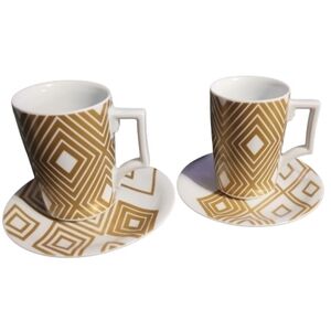 Starbucks Rosanna Coffee Mug Set White Gold Diamond Argyle Square Handle 12oz